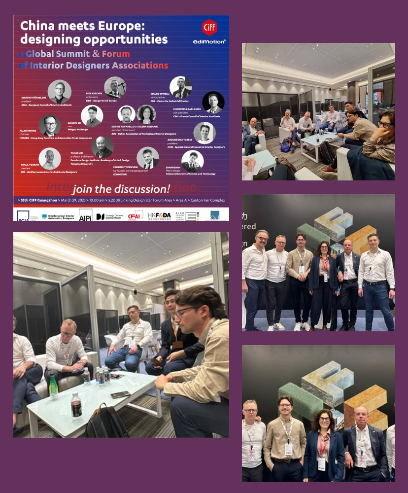 Collage of the CIFF Guangzhou summit with speakers, meetings and participating designers.
