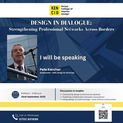 KENCID Design in Dialogue event poster announcing Pete Kercher as speaker in Nairobi on 22 September 2025.
