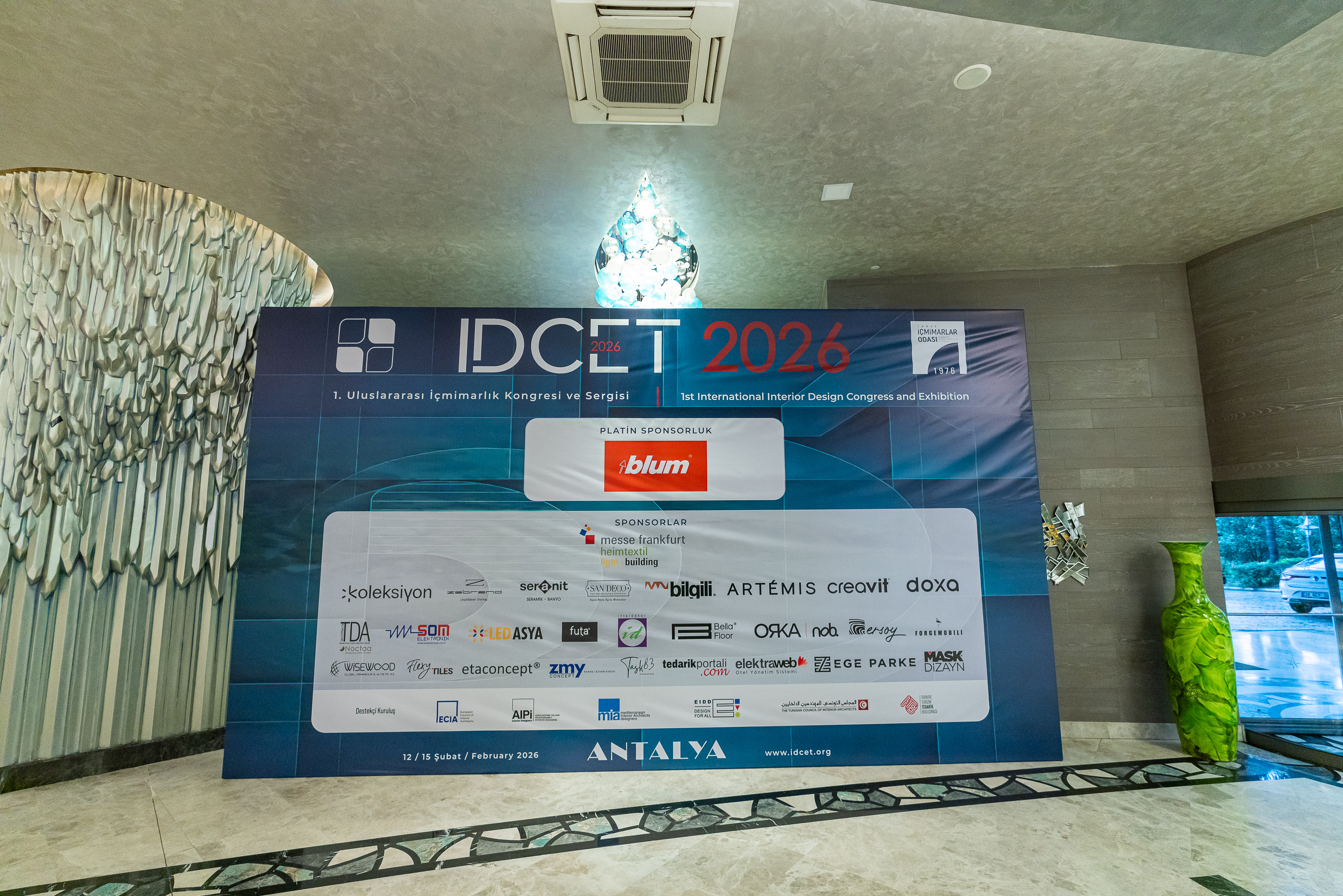 Official IDCET 2026 event backdrop in Antalya, with MIA among the supporting international design organizations.